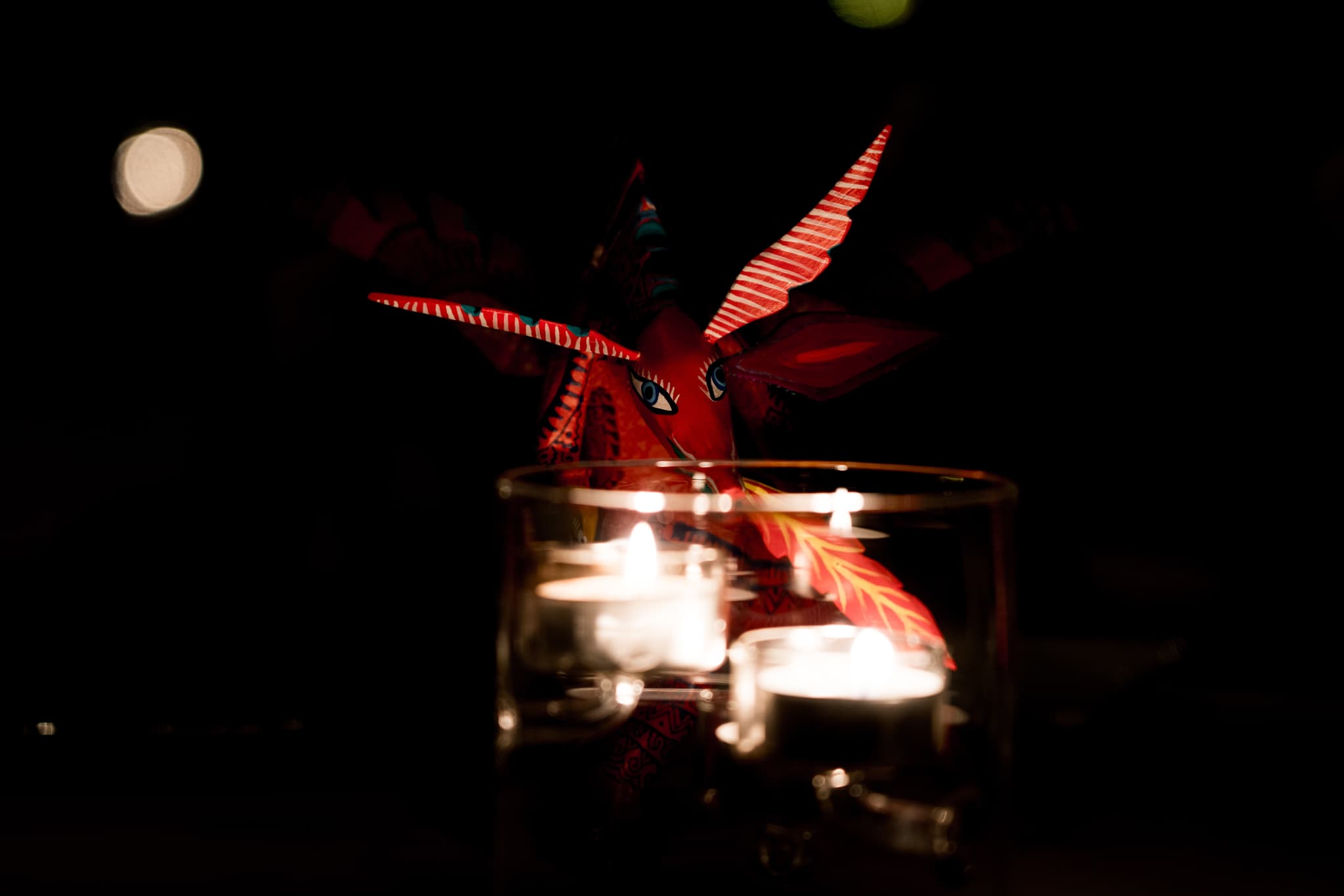 A glass with a red dragonfly perched on the rim, illuminated by candlelight against a dark background