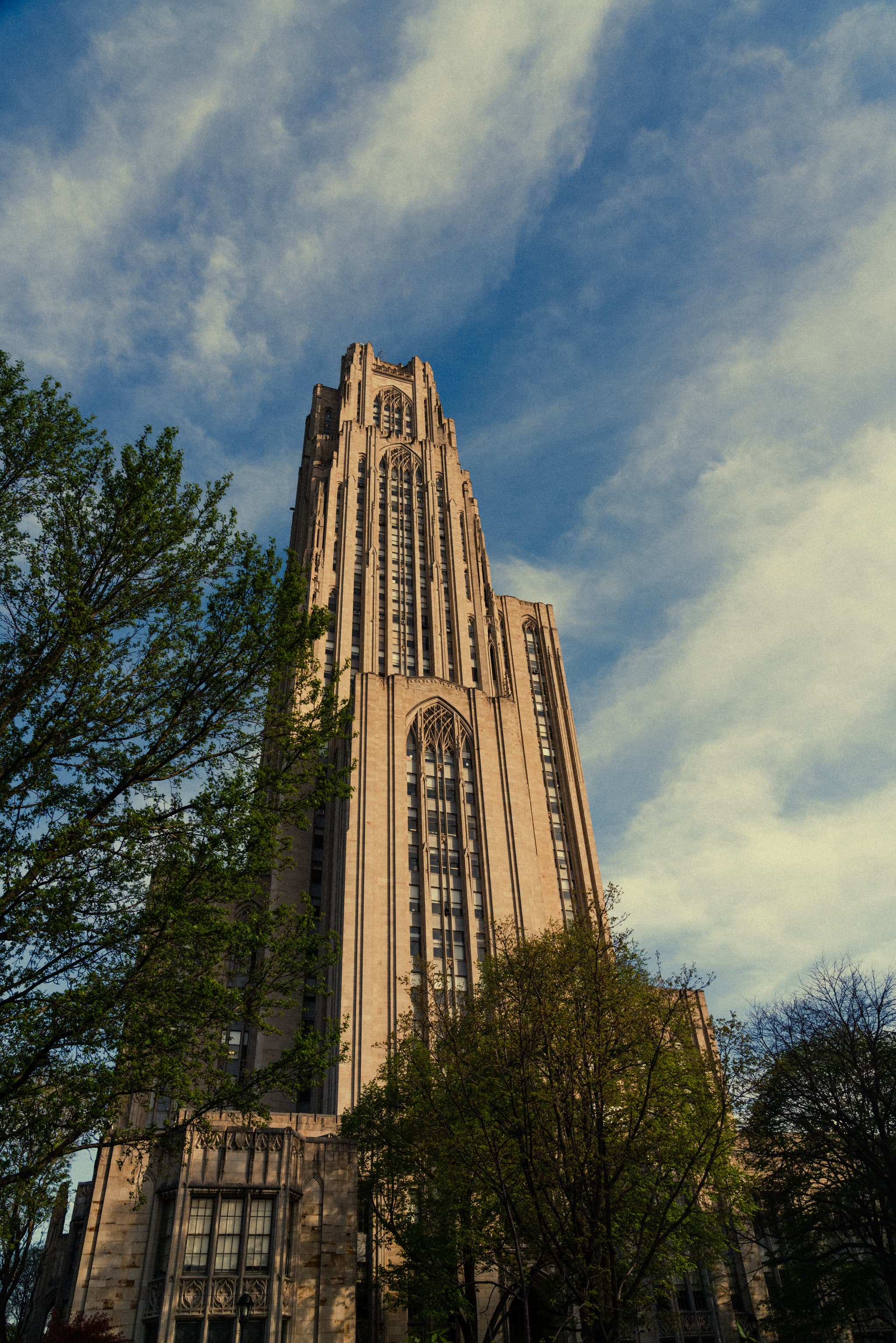 A towering Gothic Revival skyscraper rises against a backdrop of blue sky with wispy clouds, flanked by the foliage of trees