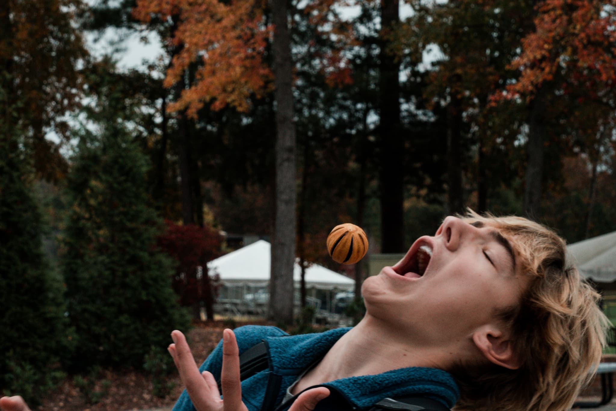 A person is laughing with their mouth open, about to catch a small pumpkin being tossed in the air, against a backdrop of autumn trees