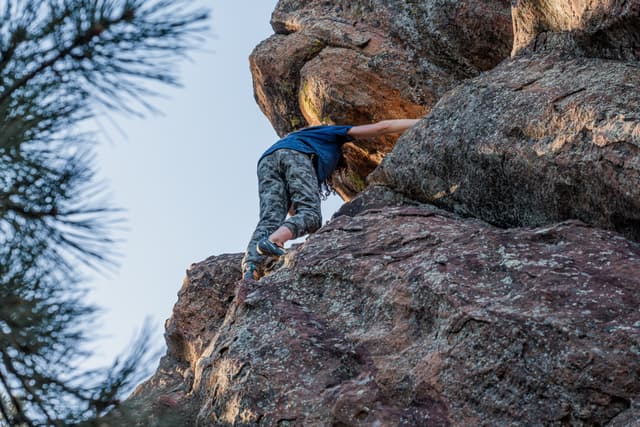 A rock climber ascending a steep cliff without visible safety gear, with trees in the background