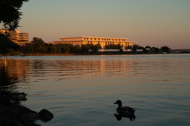 A serene sunset scene with a duck on the water, silhouetted rocks in the foreground, and a building illuminated by the warm glow of the setting sun in the background