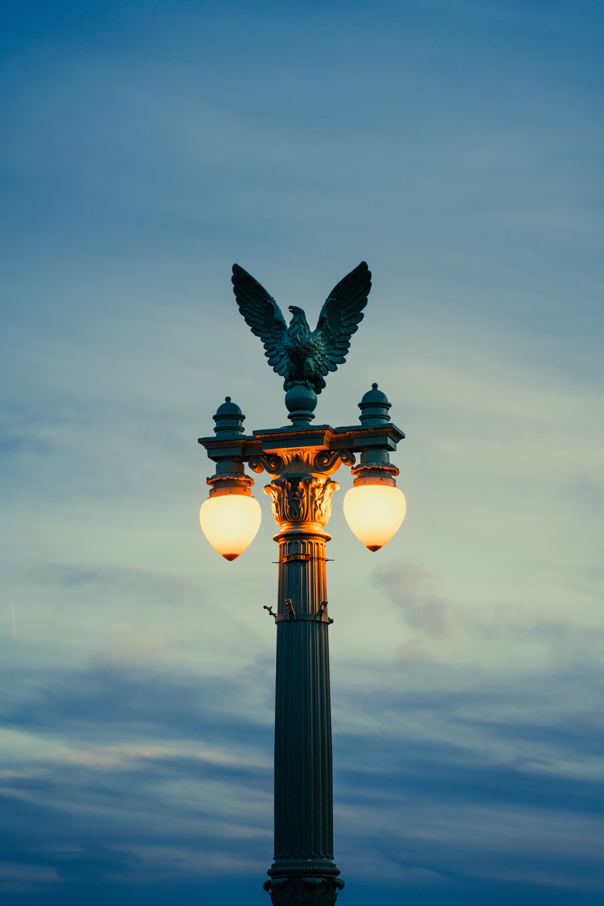 A tall street lamp with two glowing lights and a decorative eagle perched on top, set against a backdrop of a cloudy sky at dusk