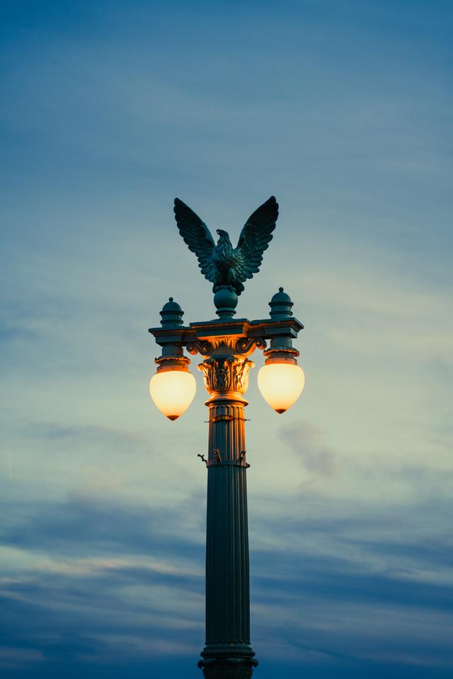 A tall street lamp with two glowing lights and a decorative eagle perched on top, set against a backdrop of a cloudy sky at dusk