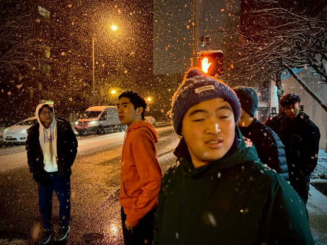 A group of people standing in the snow at night, with street lights illuminating the scene and snowflakes visibly falling