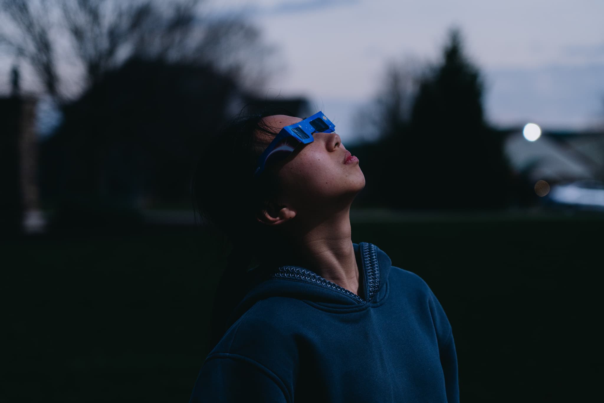 A person wearing blue goggles and a hoodie looks upwards against a dusky sky backdrop